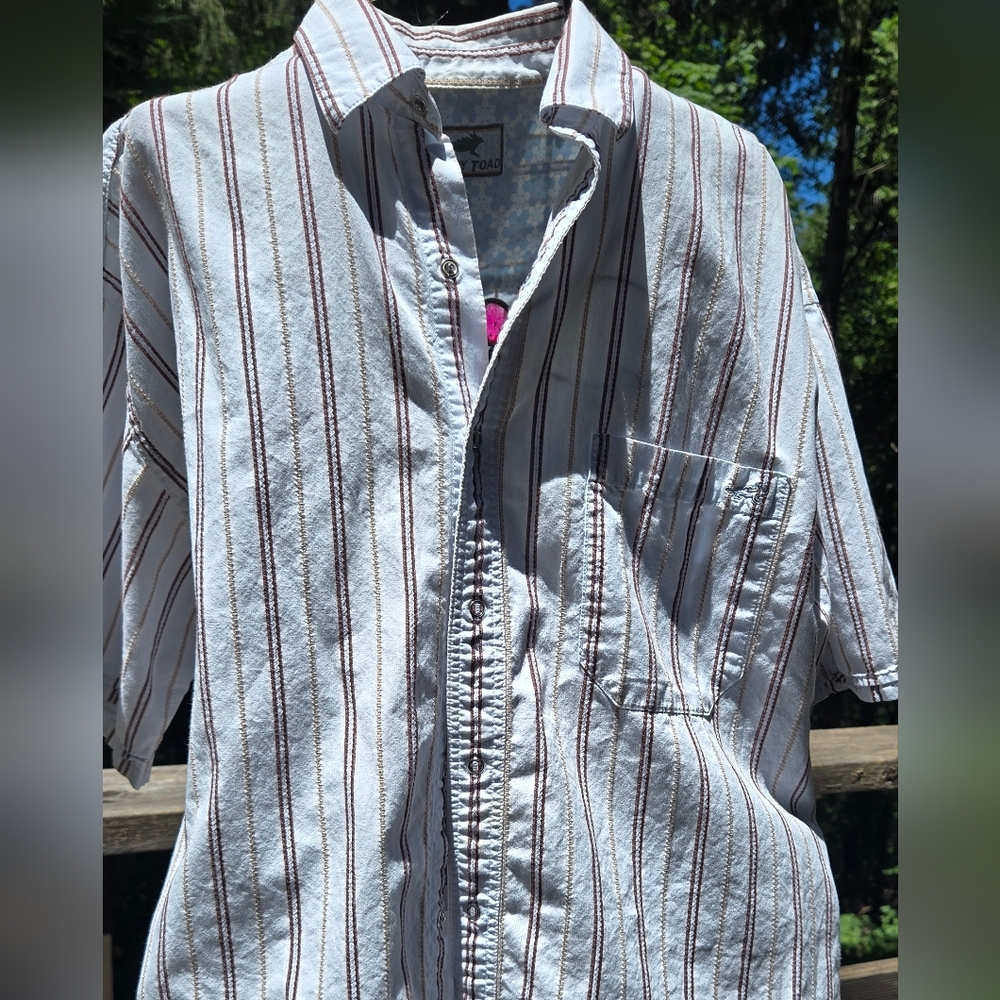 Horny Toad White&Tan Brown Button Down Shirt gently Tested NO Defects SzL - Picture 3 of 9